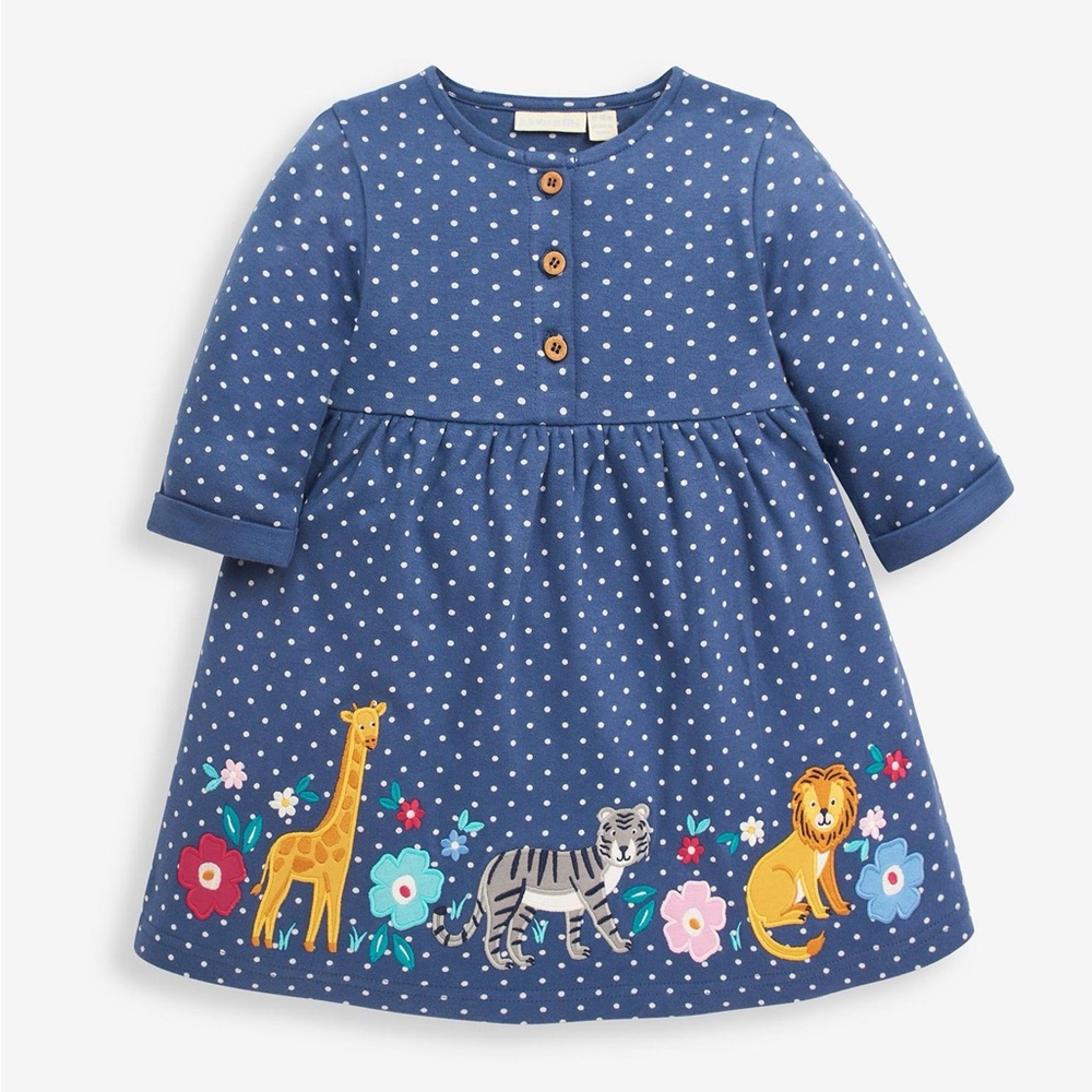 Jojo Maman Bébé Denim Safari Animals Appliqué Button Front Dress